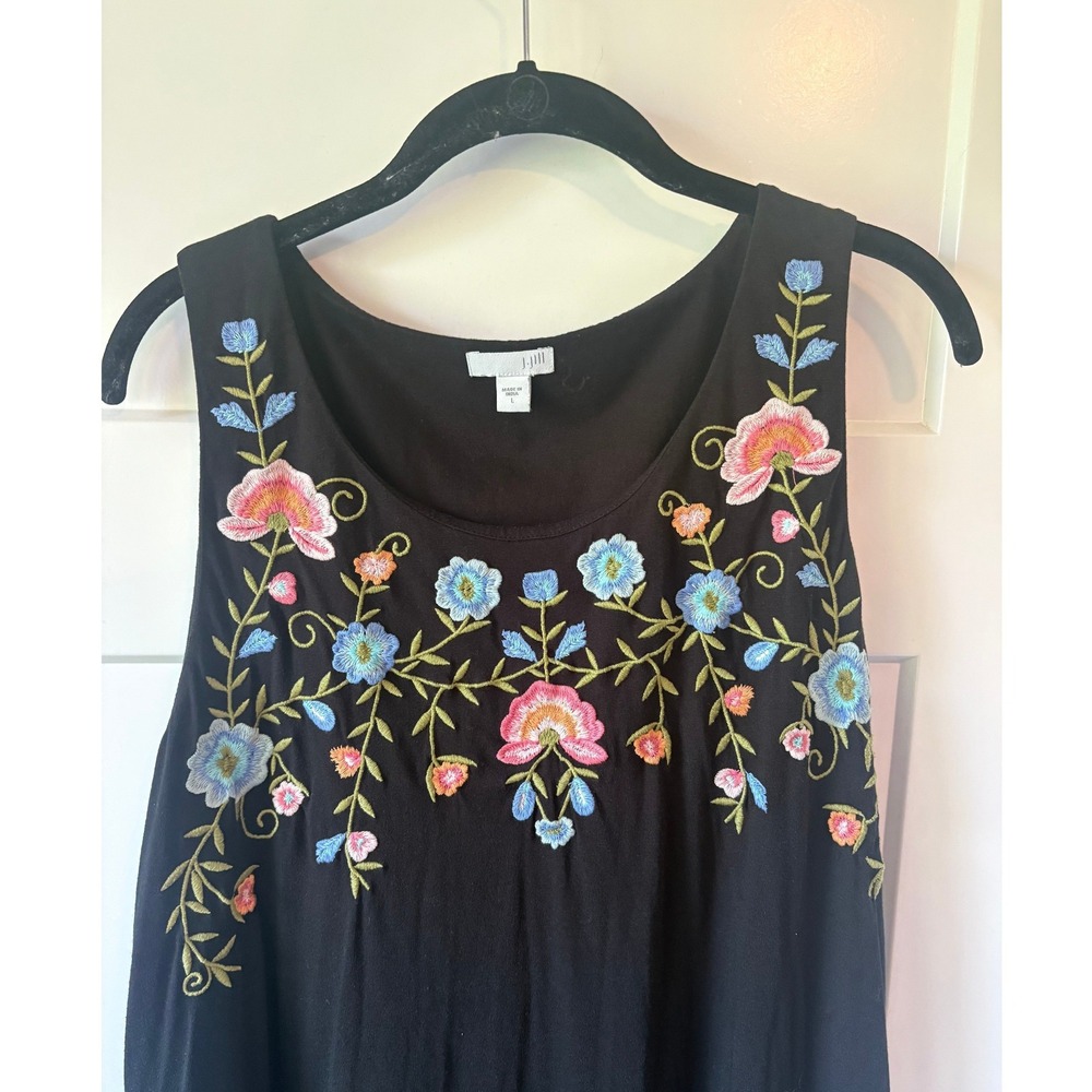 J. Jill Womens Black Floral Embroidered Size Large Sleeveless Knit Boho Dress - Picture 2 of 5